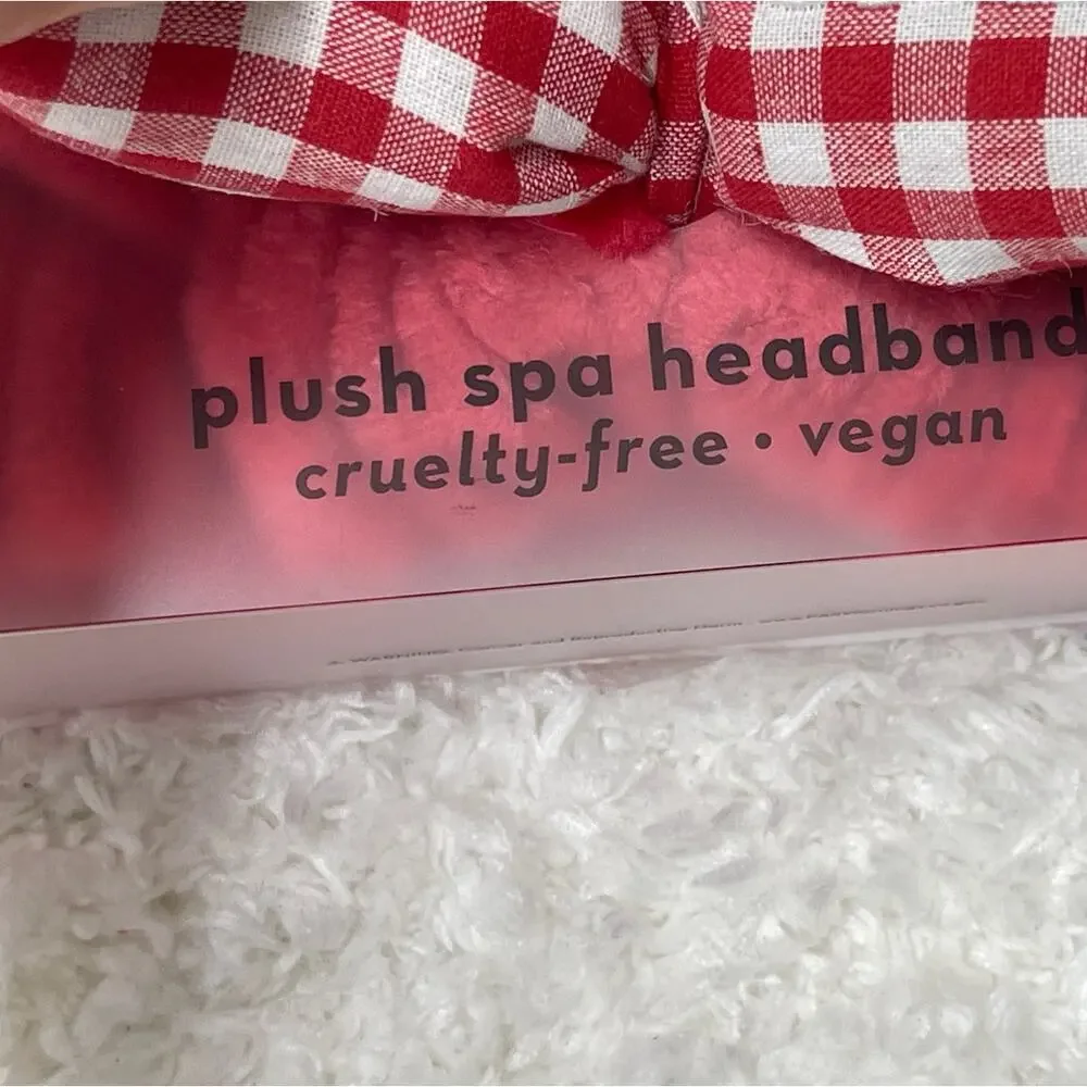 The Creme Shop Hello Kitty Red White Gingham Plush Spa Headband Bow Hairband NEW